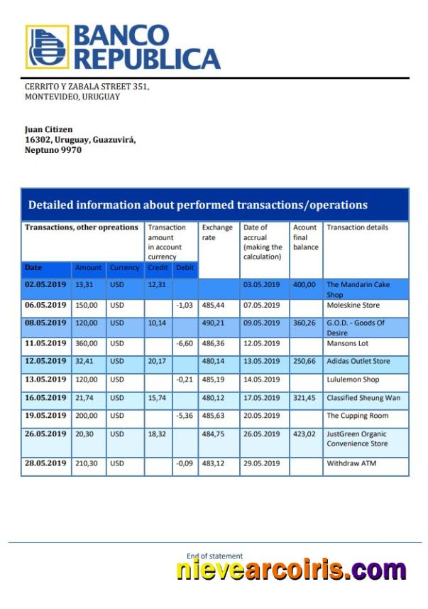 Uruguay Banco de la República Oriental del Uruguay bank statement in Word and PDF format, good for address prove